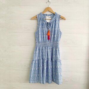 NWT THML Calista Confetti smocked waist dress blue with bright tassels, S
